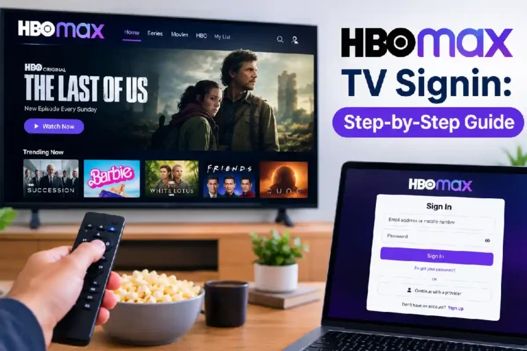 HBO Max TV sign-in guide on TV and laptop