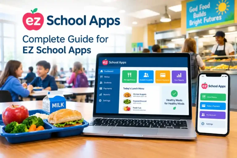 EZ School Apps lunch software on laptop and phone